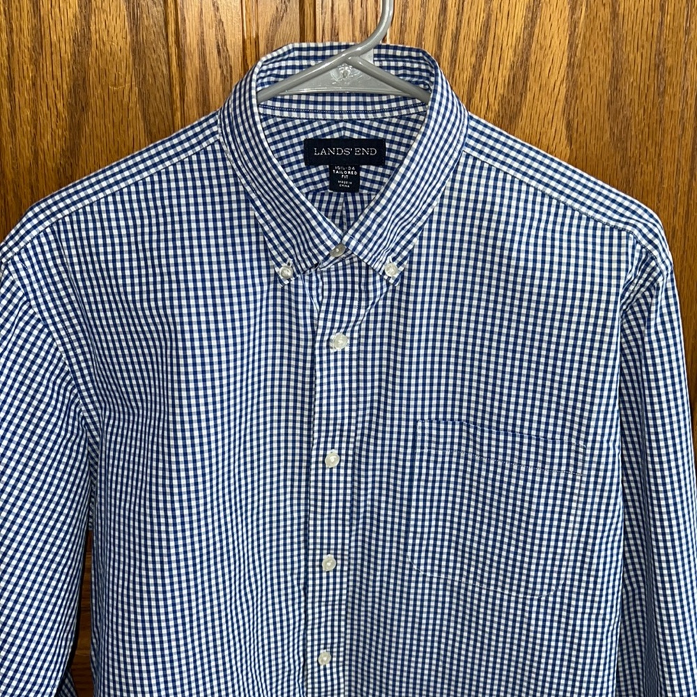Men’s Lands’ End Tailored Fit Blue Plaid Casual Button Down Shirt
